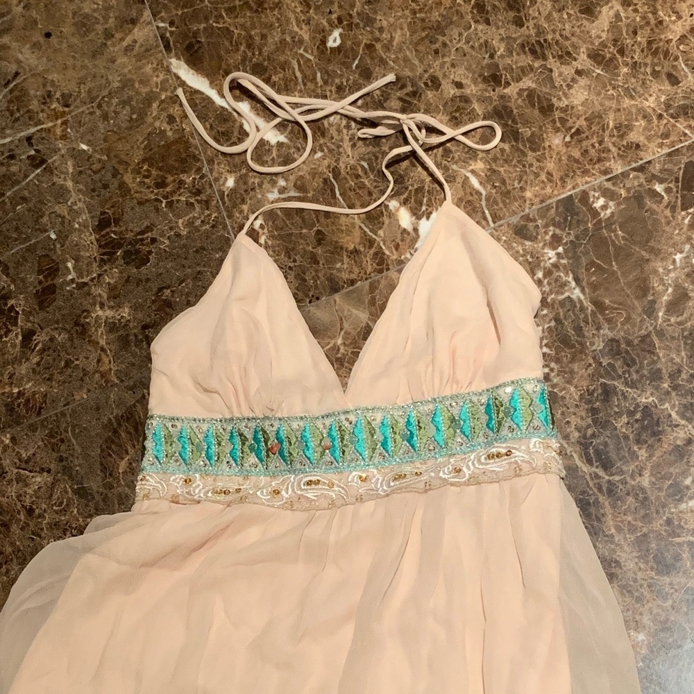 Tan Tie Back Top with Teal and Gold Beaded Design